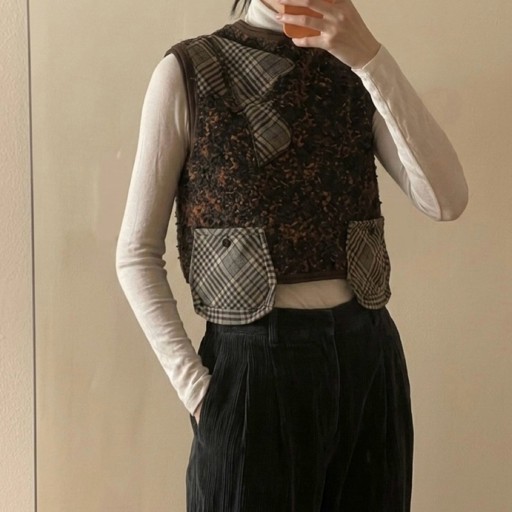 Japanese Designer Wool Blend Multi-Color Patchwork Cropped Knit Vest - S - Picture 5 of 8